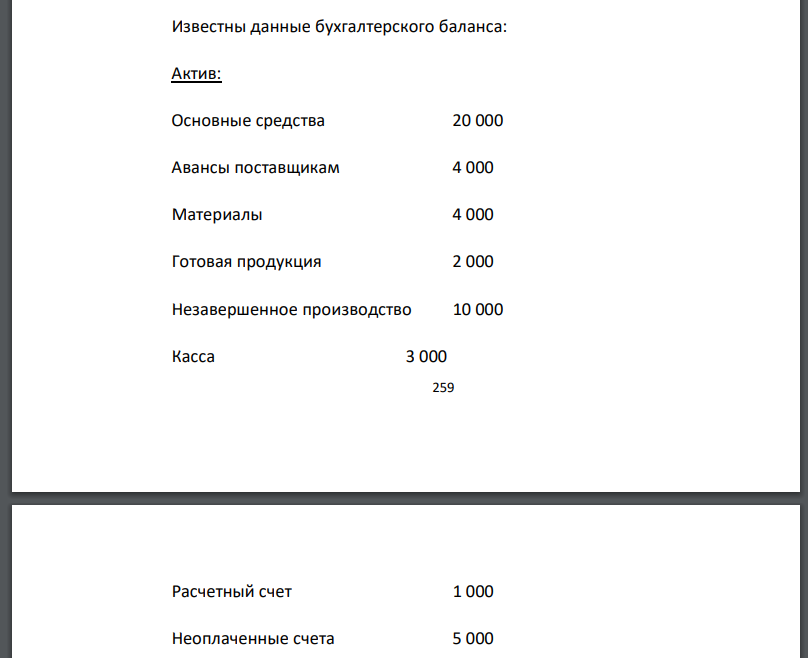 Известны данные бухгалтерского баланса: Актив: Основные средства 20 000 Авансы поставщикам