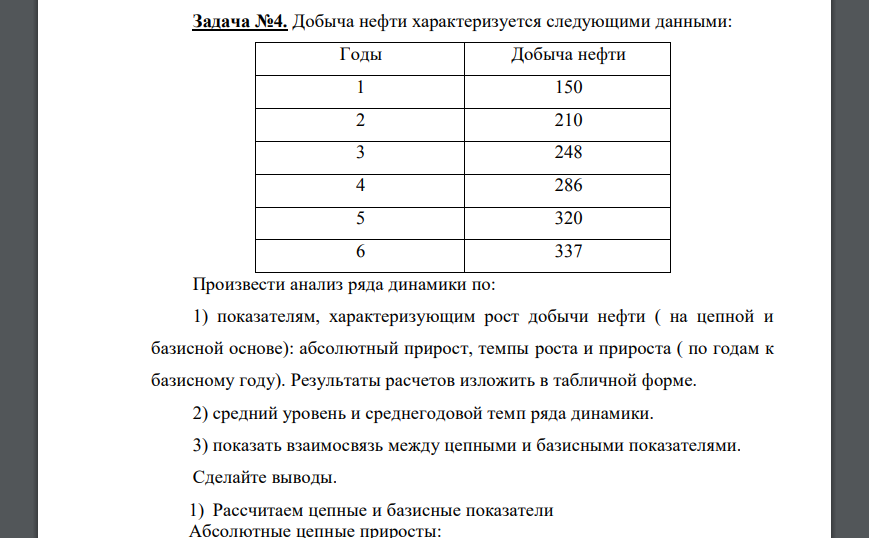 Добыча нефти характеризуется следующими данными: Годы Добыча нефти 1 150 2 210 3 248