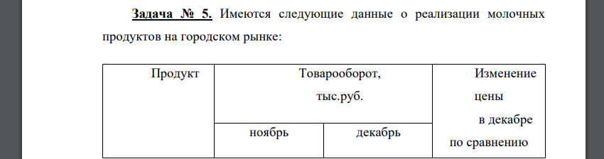 Имеются следующие данные о реализации молочных продуктов на городском рынке