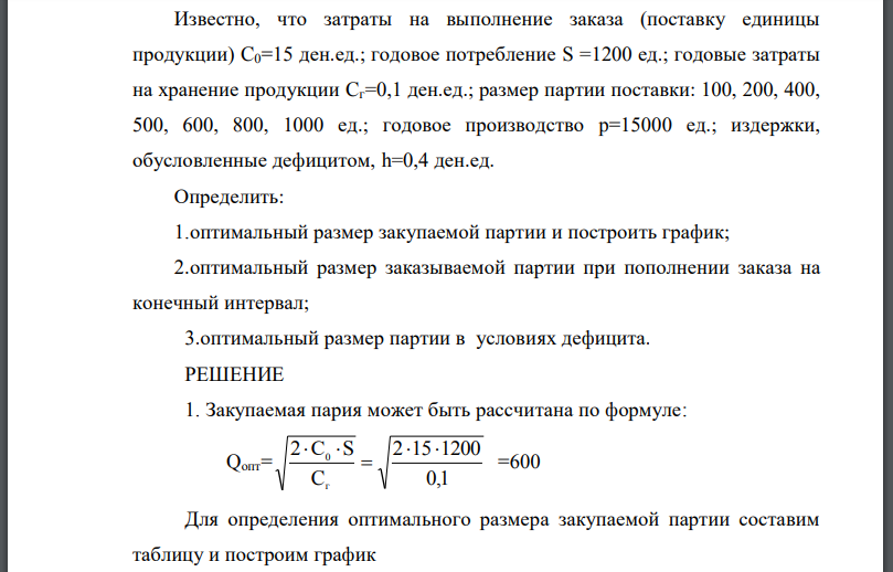 Известно, что затраты на выполнение заказа (поставку единицы продукции) годовое потребление годовые затраты на хранение продукции размер партии