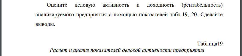 Оцените деловую активность и доходность (рентабельность) анализируемого предприятия с помощью показателей табл.19, 20. Сделайте выводы.