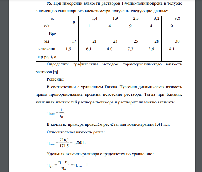 При измерении вязкости растворов 1,4-цис-полиизопрена в толуоле с помощью капиллярного вискозиметра получены следующие данные