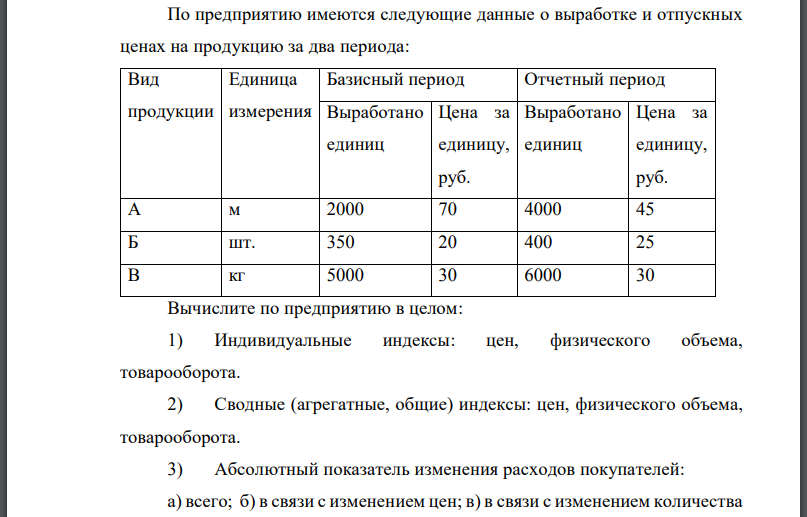 По предприятию имеются следующие данные о выработке и отпускных ценах на продукцию за два периода: Вычислите по предприятию в целом