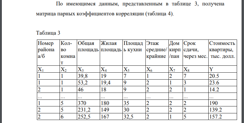 По имеющимся данным, представленным в таблице 3, получена матрица парных коэффициентов корреляции (таблица 4). Запишите уравнение