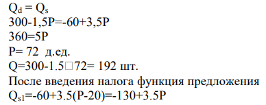 Даны функции спроса и предложения товара: Qd =300-1.5P, Qs = -60 + 3.5P. Правительство ввело налог 20 денежных единиц за штуку. А) Определите равновесное количество продаж после введения налога. Б) Какая сумма налога упала на долю покупателя, а какая – продавца