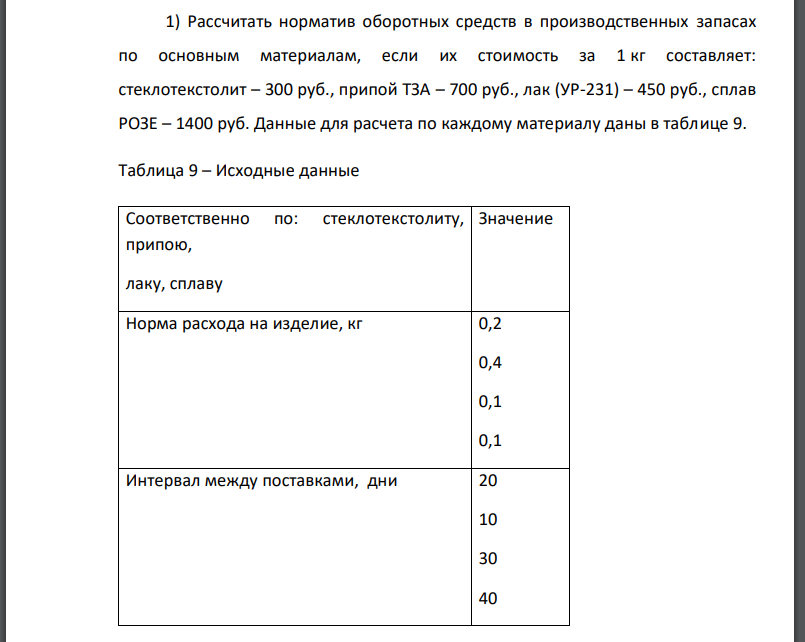 Рассчитать норматив оборотных средств в производственных запасах по основным материалам, если их стоимость за 1