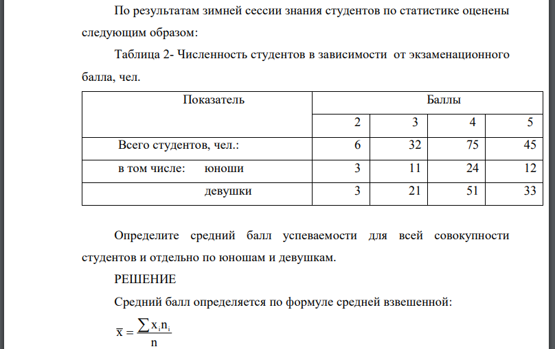 По результатам зимней сессии знания студентов по статистике оценены следующим образом: Определите средний балл успеваемости для всей