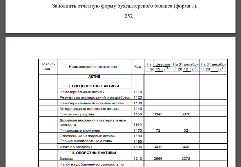 Заполнить отчетную форму бухгалтерского баланса (форма 1).