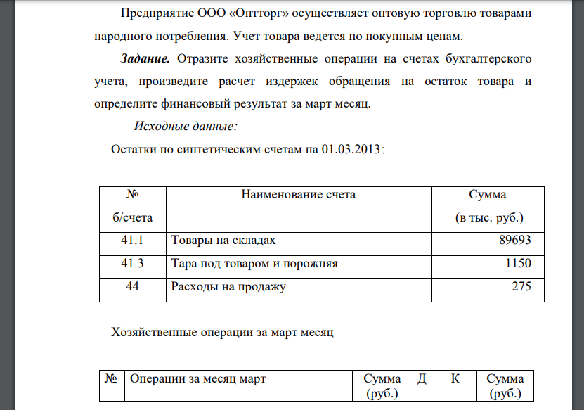 Предприятие ООО «Оптторг» осуществляет оптовую торговлю товарами народного потребления. Учет товара ведется по покупным ценам