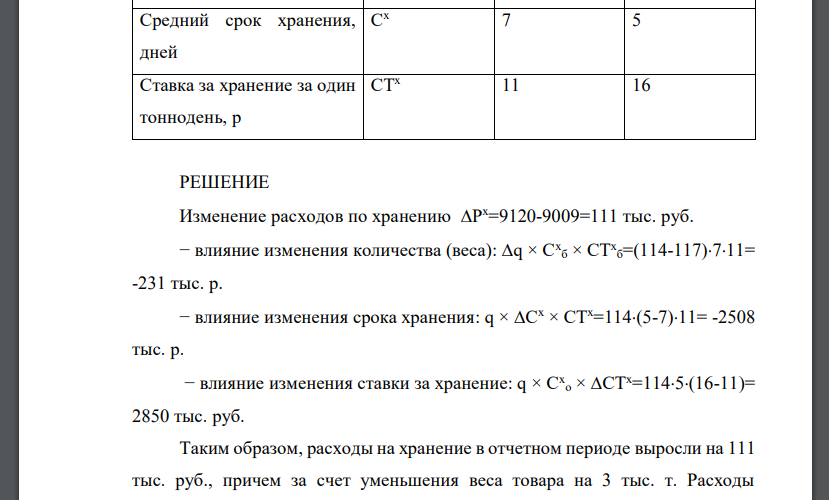 Выполните анализ расходов по хранению экспортной продукции. Составьте факторную модель расходов. Определите влияние факторов