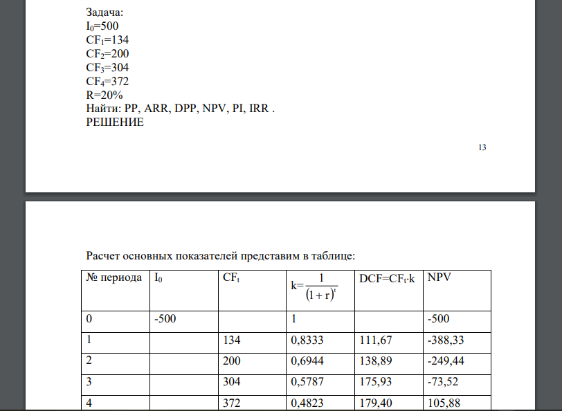 I0=500 CF1=134 CF2=200 CF3=304 CF4=372 R=20% Найти: PP, ARR, DPP, NPV, PI, IRR