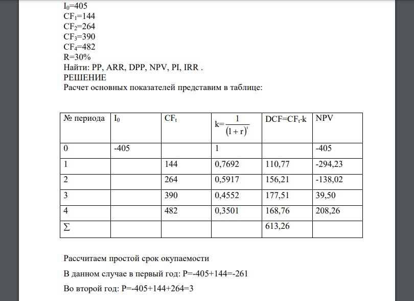 I0=405 CF1=144 CF2=264 CF3=390 CF4=482 R=30% Найти: PP, ARR, DPP, NPV, PI, IRR