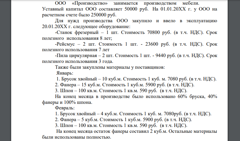 ООО «Производство» занимается производством мебели. Уставный капитал ООО составляет 50000 руб.