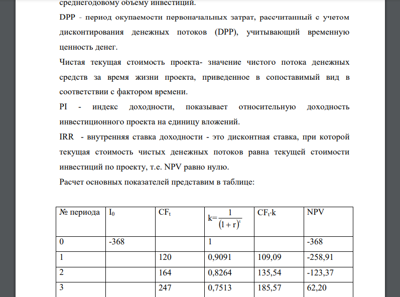 Задача: I0=368 CF1=120 CF2=164 CF3=247 CF4=280 R=10% Найти: PP, ARR, DPP, NPV, PI, IRR