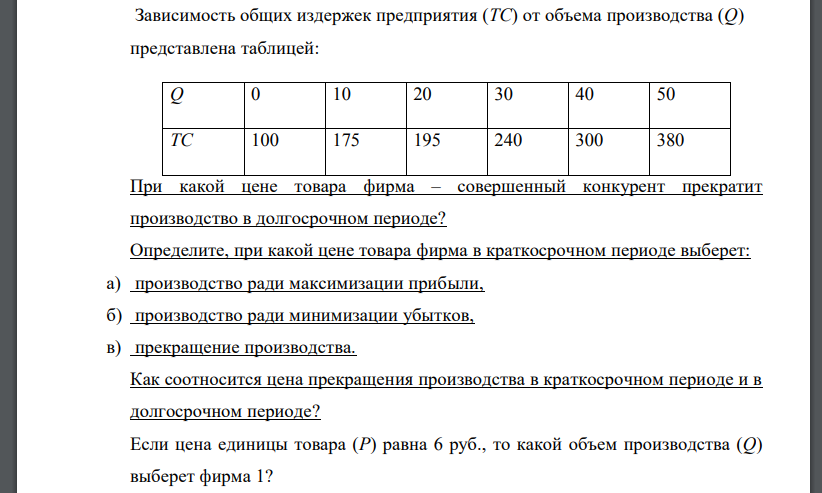 Зависимость общих издержек предприятия (TC) от объема производства (Q) представлена таблицей: Q 0 10 20 30 40 50 TC 100 175