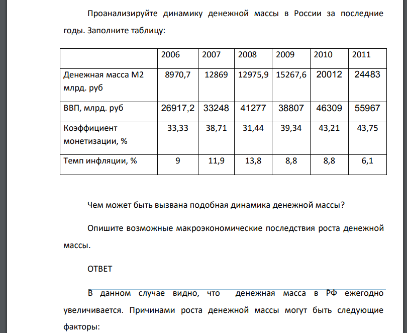 Проанализируйте динамику денежной массы в России за последние годы. Заполните таблицу: