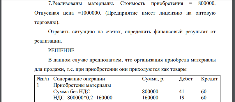 Реализованы материалы. Стоимость приобретения Отпускная цена (Предприятие имеет лицензию на оптовую торговлю). Отразить ситуацию