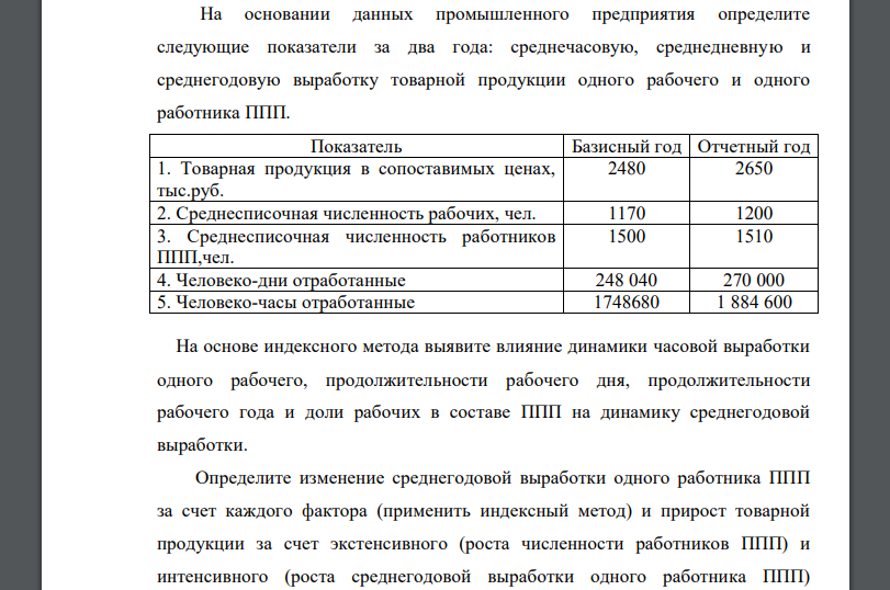 На основании данных промышленного предприятия определите следующие показатели за два года: среднечасовую, среднедневную