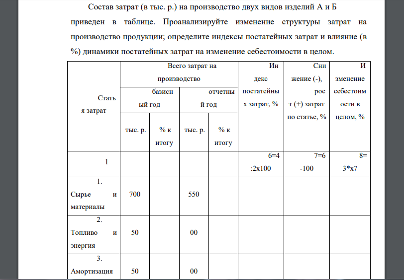 Состав затрат (в тыс. р.) на производство двух видов изделий А и Б приведен в таблице. Проанализируйте изменение