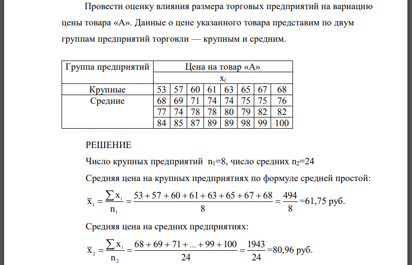 Провести оценку влияния размера торговых предприятий на вариацию цены товара «А». Данные о цене указанного товара представим по двум группам