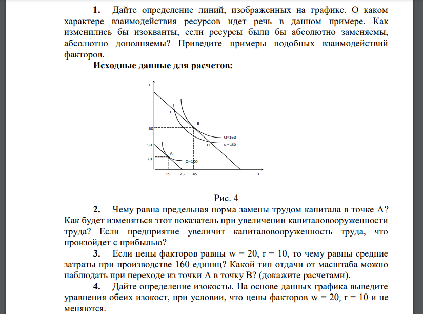 Дайте определение линий, изображенных на графике. О каком характере взаимодействия ресурсов идет речь в данном примере. Как изменились бы изокванты