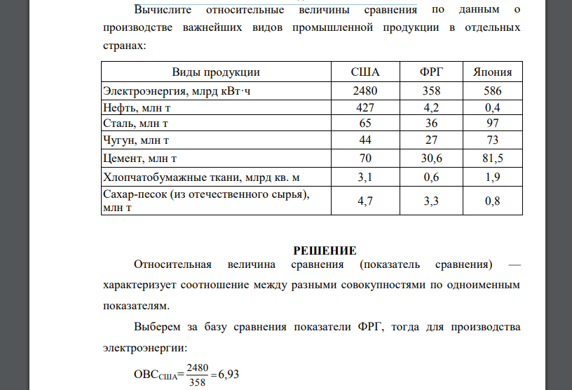 Вычислите относительные величины сравнения по данным о производстве важнейших видов промышленной продукции