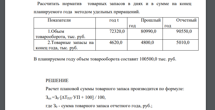 Рассчитать норматив товарных запасов в днях и в сумме на конец планируемого года методом удельных приращений. Показатели год t Прошлый год