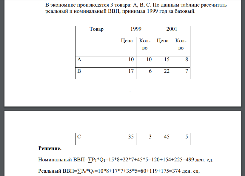 В экономике производятся 3 товара: А, В, С. По данным таблице рассчитать реальный и номинальный ВВП, принимая 1999 год за