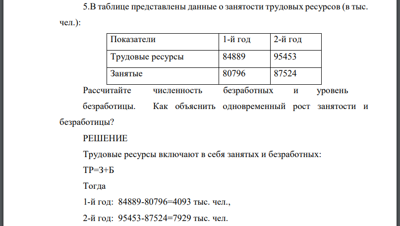 В таблице представлены данные о занятости трудовых ресурсов (в тыс. чел.): Рассчитайте численность безработных и уровень безработицы.