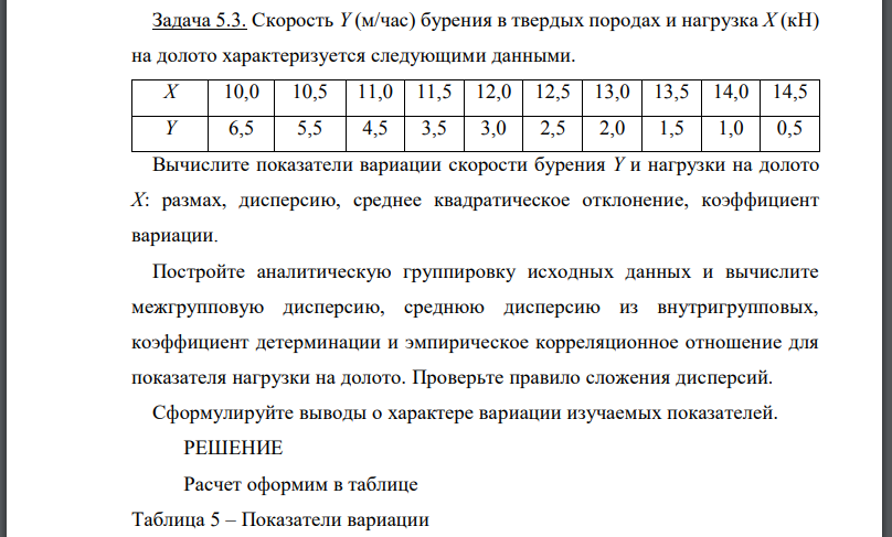 Скорость бурения в твердых породах и нагрузка на долото характеризуется следующими данными. Вычислите показатели вариации скорости бурения