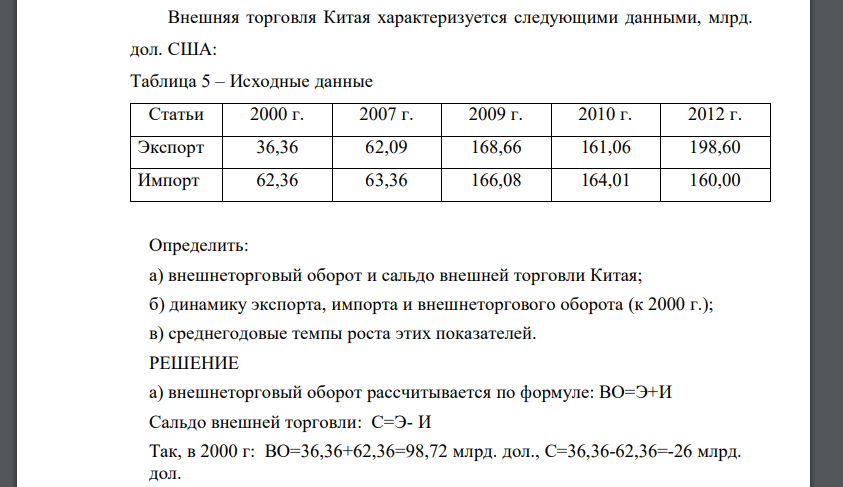 Определить: а) внешнеторговый оборот и сальдо внешней торговли Китая; б) динамику экспорта, импорта и внешнеторгового оборота (к 2000 г.); в) среднегодовые темпы роста этих показателей