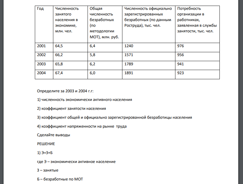 Определите за 2003 и 2004 г.г: 1) численность экономически активного населения