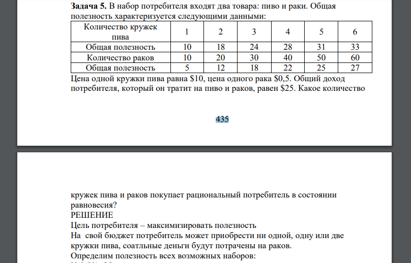 В набор потребителя входят два товара: пиво и раки. Общая полезность характеризуется следующими данными