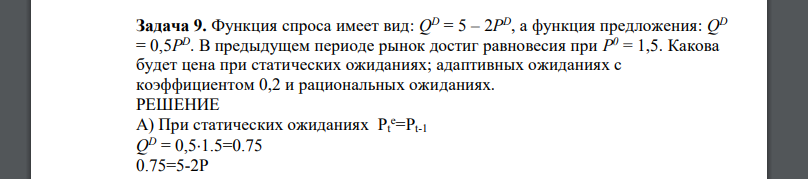 Функция спроса имеет вид: QD = 5 – 2P D, а функция предложения: QD = 0,5P D. В предыдущем периоде рынок