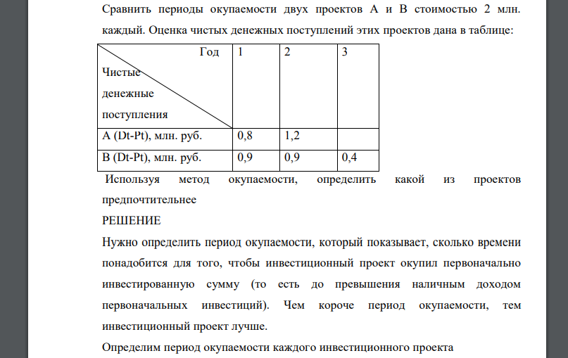 Сравнить периоды окупаемости двух проектов А и В стоимостью 2 млн. каждый. Оценка чистых денежных