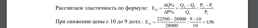 Определите эластичность предложения, используя данные таблицы. Количество продукции (ед.) Цена (дол.) Es 28000 10 22500 9 17000 8 13000 7 11000