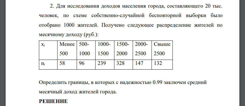 Для исследования доходов населения города, составляющего 20 тыс. человек, по схеме собственно-случайной бесповторной выборки