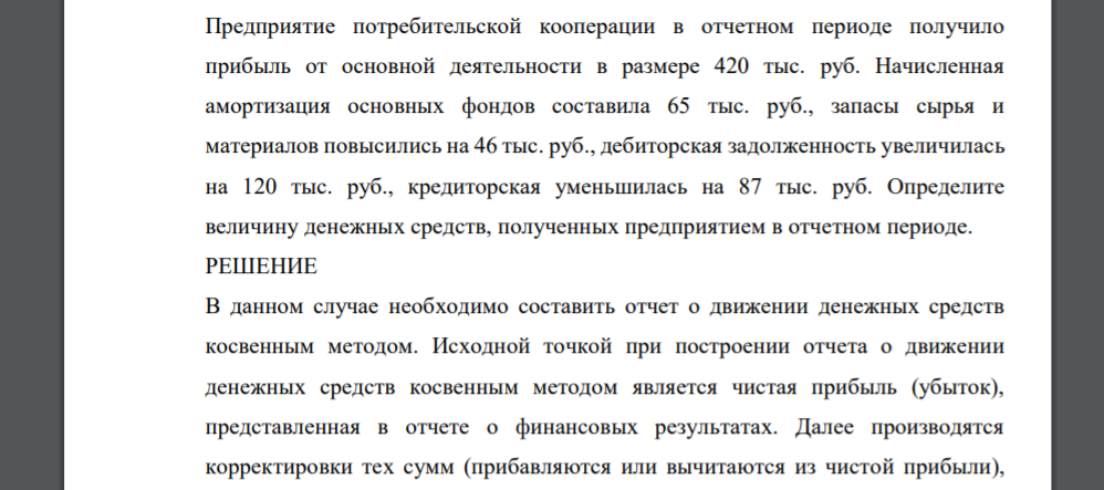 Предприятие потребительской кооперации в отчетном периоде получило прибыль от основной деятельности в размере 420 тыс. руб. Начисленная амортизация основных фондов составила