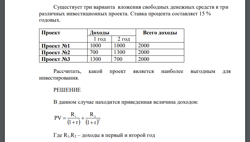 Существует три варианта вложения свободных денежных средств в три различных инвестиционных проекта. Ставка процента составляет 15 % годовых