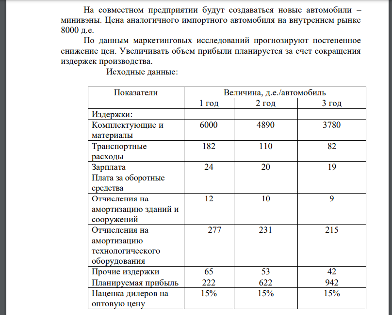 На совместном предприятии будут создаваться новые автомобили – минивэны. Цена аналогичного импортного автомобиля на внутреннем рынке