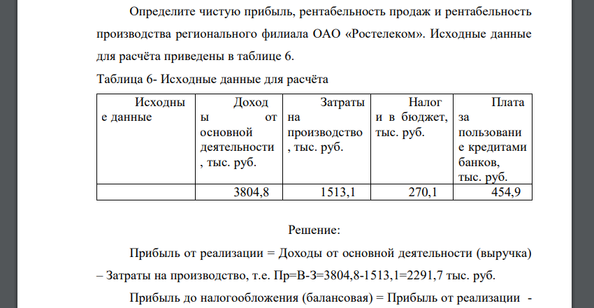 Определите чистую прибыль, рентабельность продаж и рентабельность производства регионального филиала ОАО «Ростелеком». Исходные данные для расчёта