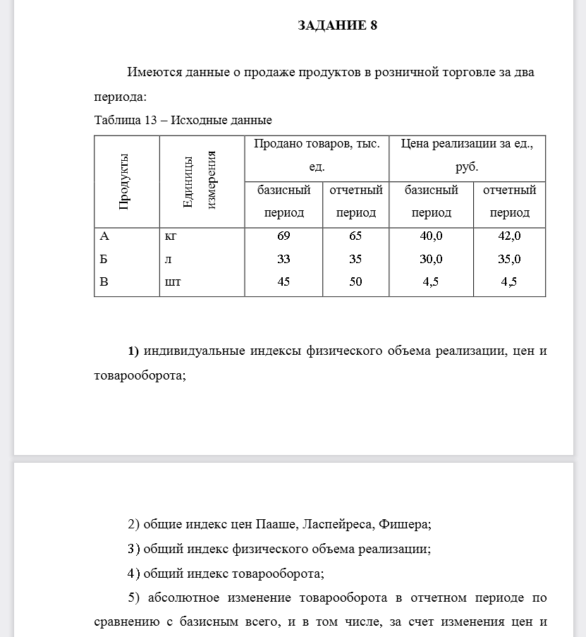 Имеются данные о продаже продуктов в розничной торговле за два периода: Таблица 13 –Исходные данные индивидуальные индексы физического объема реализации