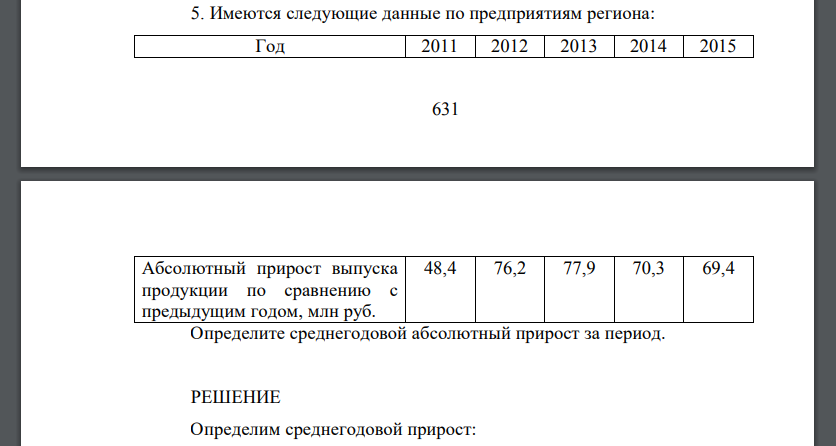 Имеются следующие данные по предприятиям региона: Определите среднегодовой абсолютный прирост за период.