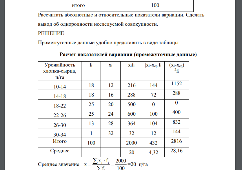 Известна структура посевных площадей агрофирмы. Рассчитать абсолютные и относительные показатели вариации. Сделать вывод об однородности