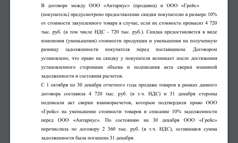 В договоре между ООО «Антариус» (продавец) и ООО «Грейс» (покупатель) предусмотрено предоставление скидки покупателю