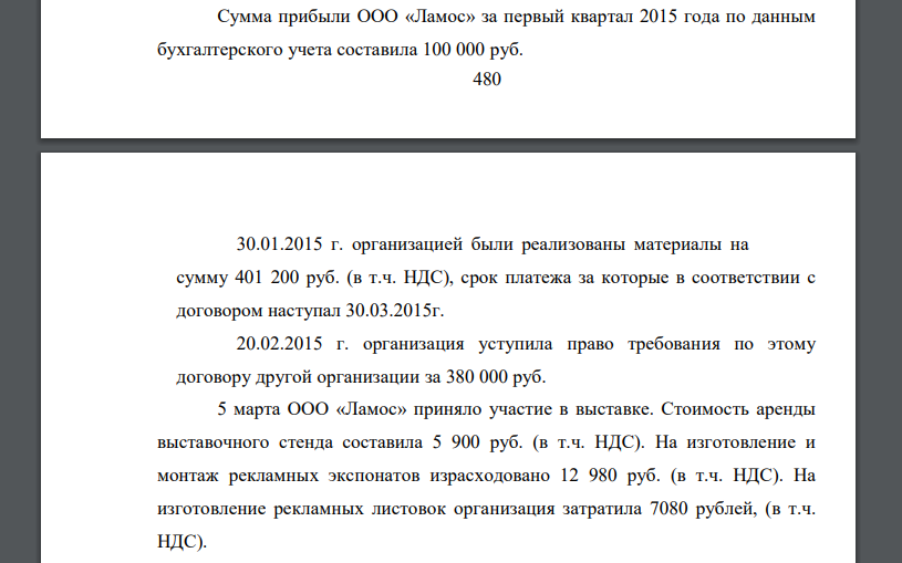 Сумма прибыли ООО «Ламос» за первый квартал 2015 года по данным бухгалтерского учета составила 100 000 руб