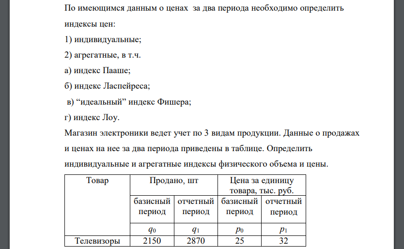 По имеющимся данным о ценах за два периода необходимо определить индексы цен: 1) индивидуальные; 2) агрегатные