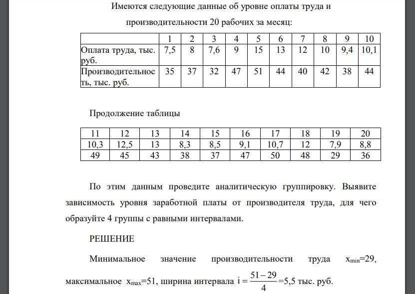 Имеются следующие данные об уровне оплаты труда и производительности 20 рабочих за месяц:  По этим данным проведите аналитическую