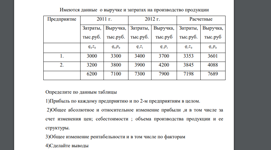 Имеются данные о выручке и затратах на производство продукции. Определите по данным таблицы 1)Прибыль по каждому