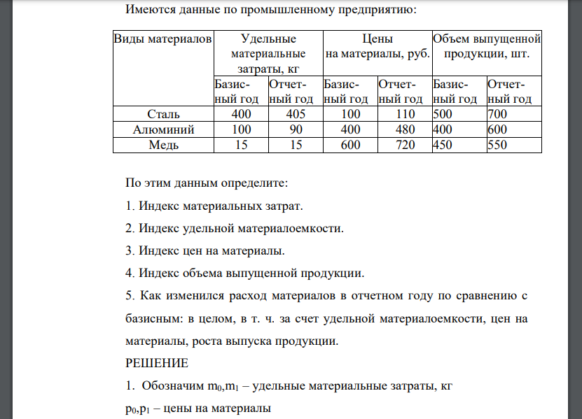 По этим данным определите: 1. Индекс материальных затрат. 2. Индекс удельной материалоемкости. 3. Индекс цен на материалы.